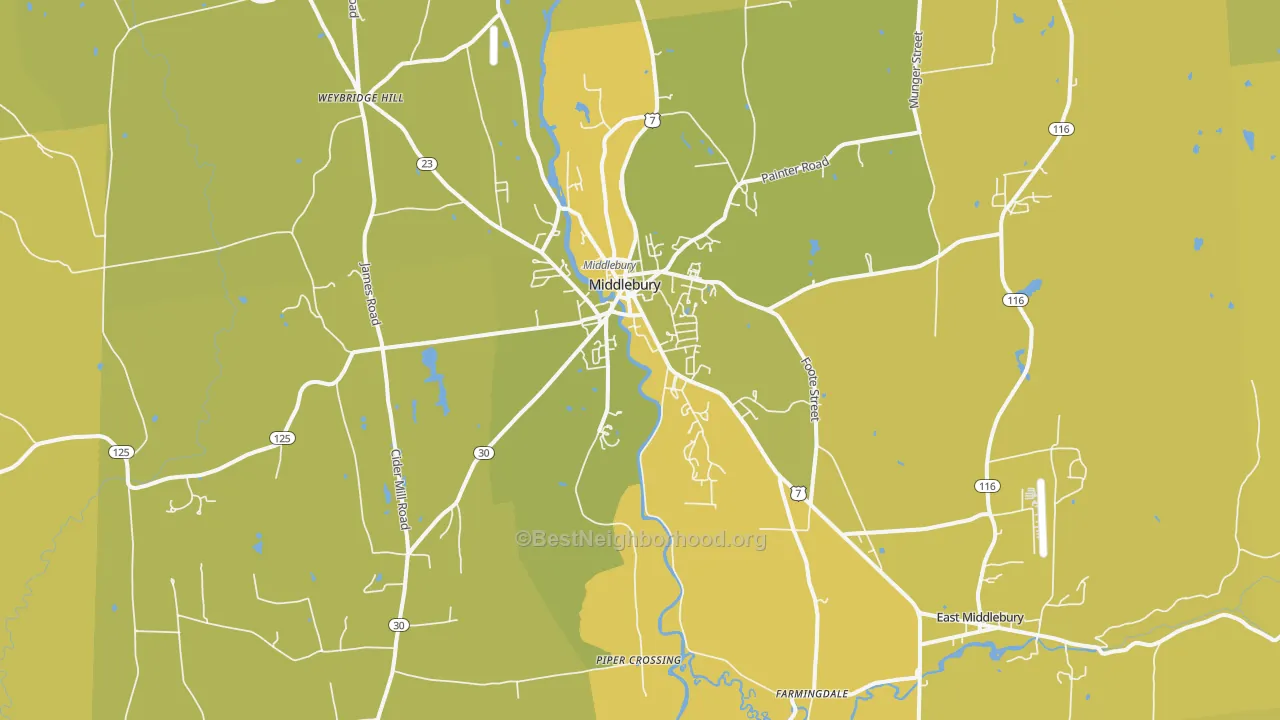 Map of the best neighborhoods in the 05753 area, with better matches in green and worse matches in red