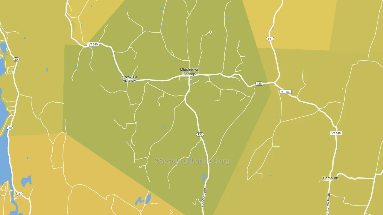 Map of the best neighborhoods in the 05757 area, with better matches in green and worse matches in red