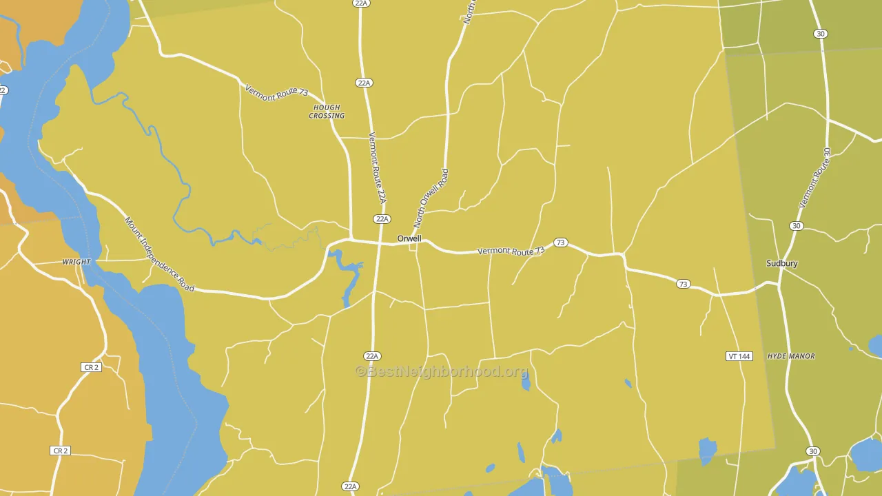 Map of the best neighborhoods in the 05760 area, with better matches in green and worse matches in red