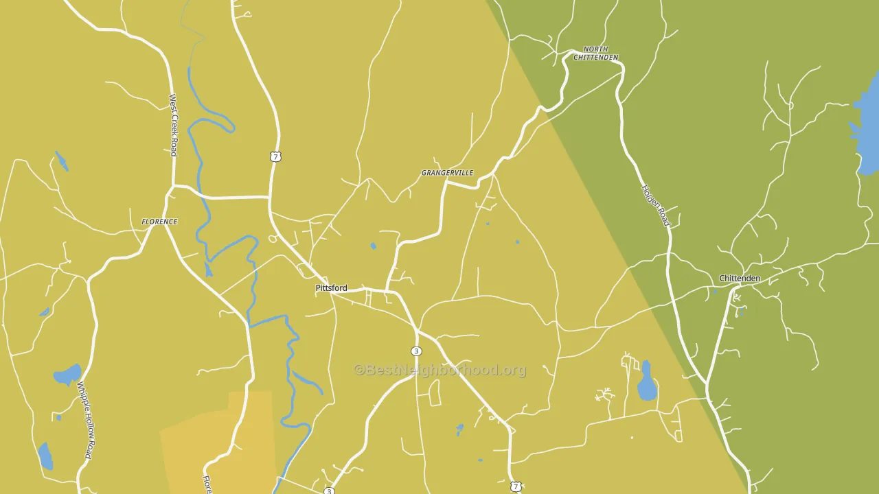 Map of the best neighborhoods in the 05763 area, with better matches in green and worse matches in red