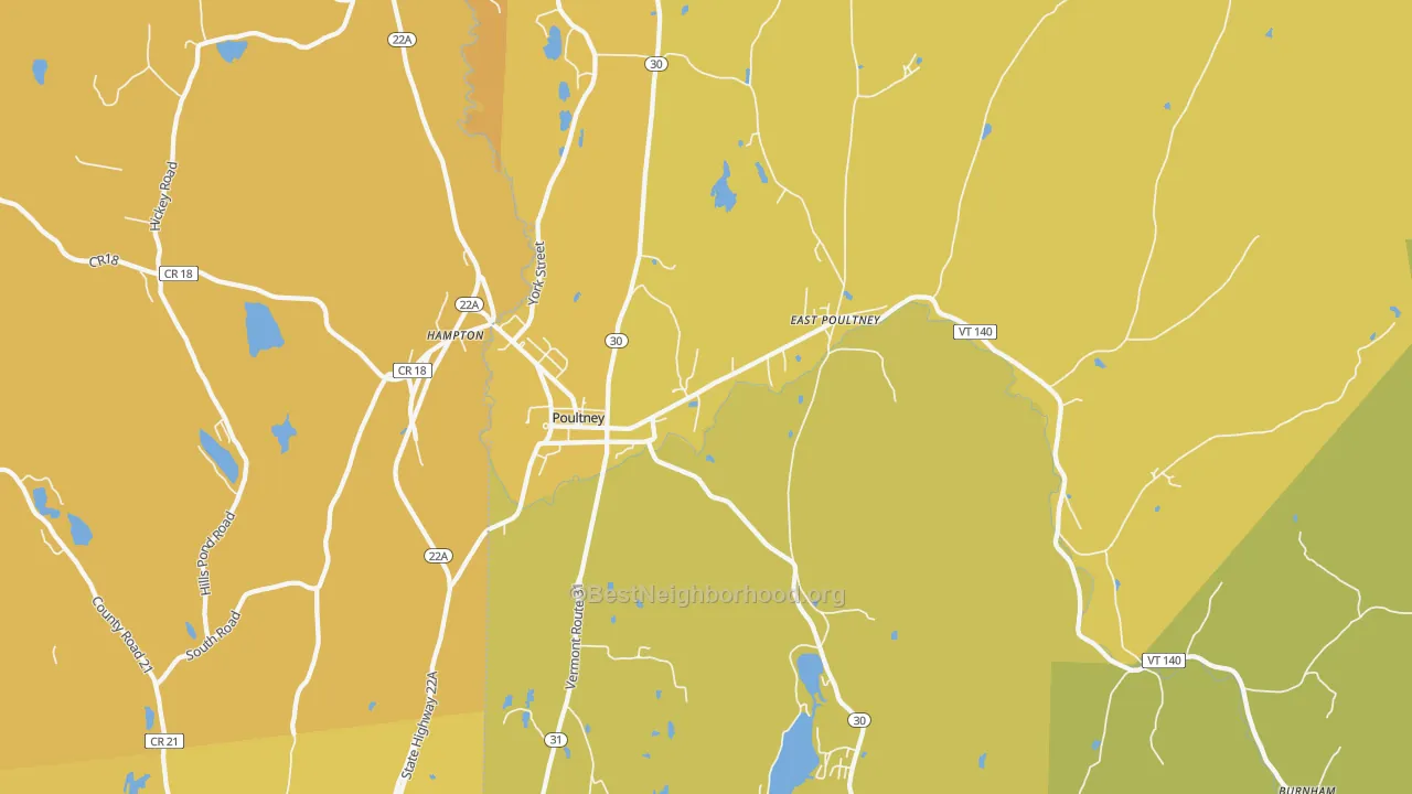 Map of the best neighborhoods in the 05764 area, with better matches in green and worse matches in red