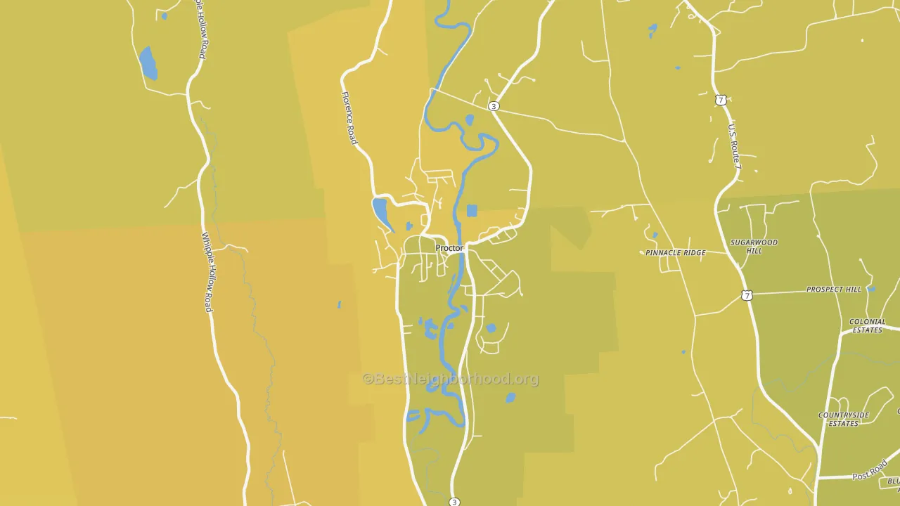 Map of the best neighborhoods in the 05765 area, with better matches in green and worse matches in red