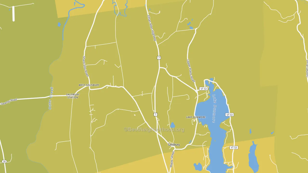 Map of the best neighborhoods in the 05769 area, with better matches in green and worse matches in red