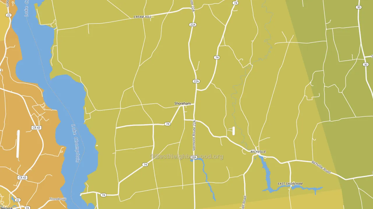 Map of the best neighborhoods in the 05770 area, with better matches in green and worse matches in red