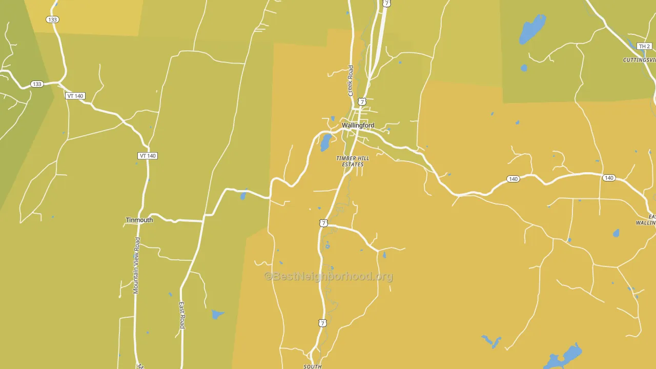 Map of the best neighborhoods in the 05773 area, with better matches in green and worse matches in red