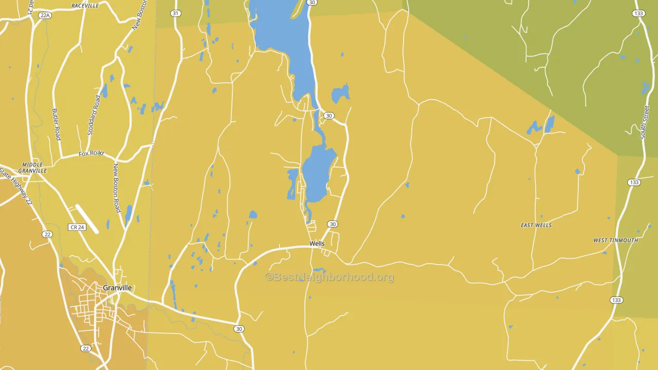 Map of the best neighborhoods in the 05774 area, with better matches in green and worse matches in red
