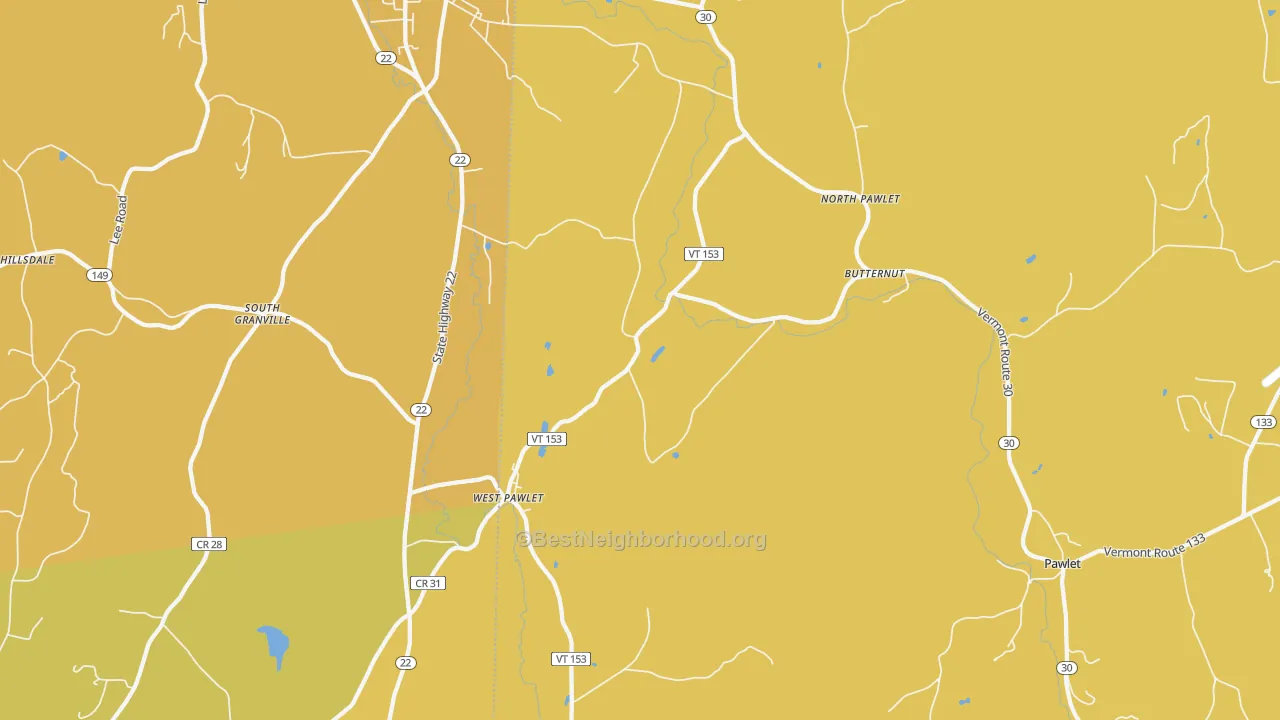 Map of the best neighborhoods in the 05775 area, with better matches in green and worse matches in red