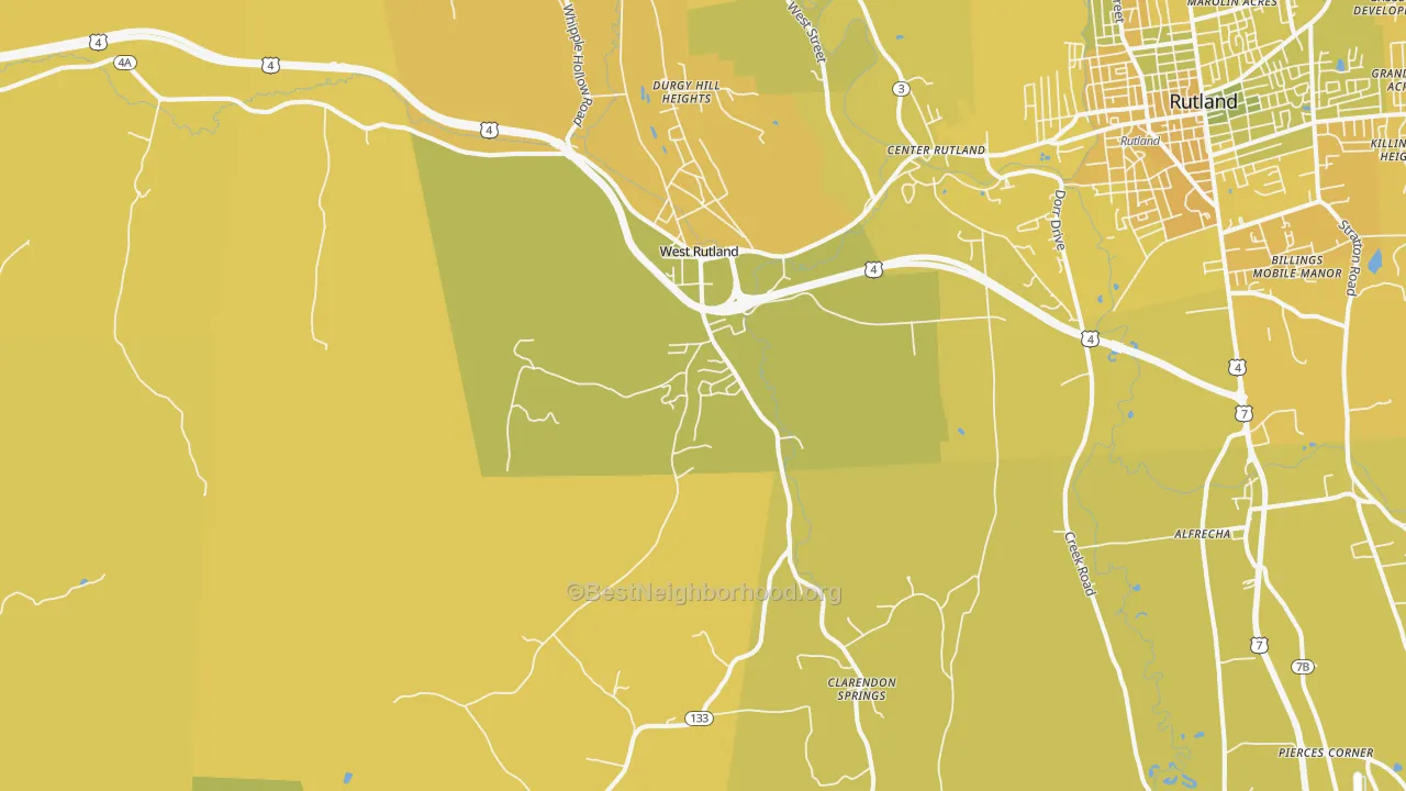 Map of the best neighborhoods in the 05777 area, with better matches in green and worse matches in red