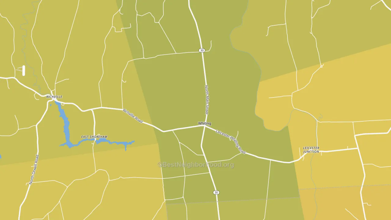 Map of the best neighborhoods in the 05778 area, with better matches in green and worse matches in red