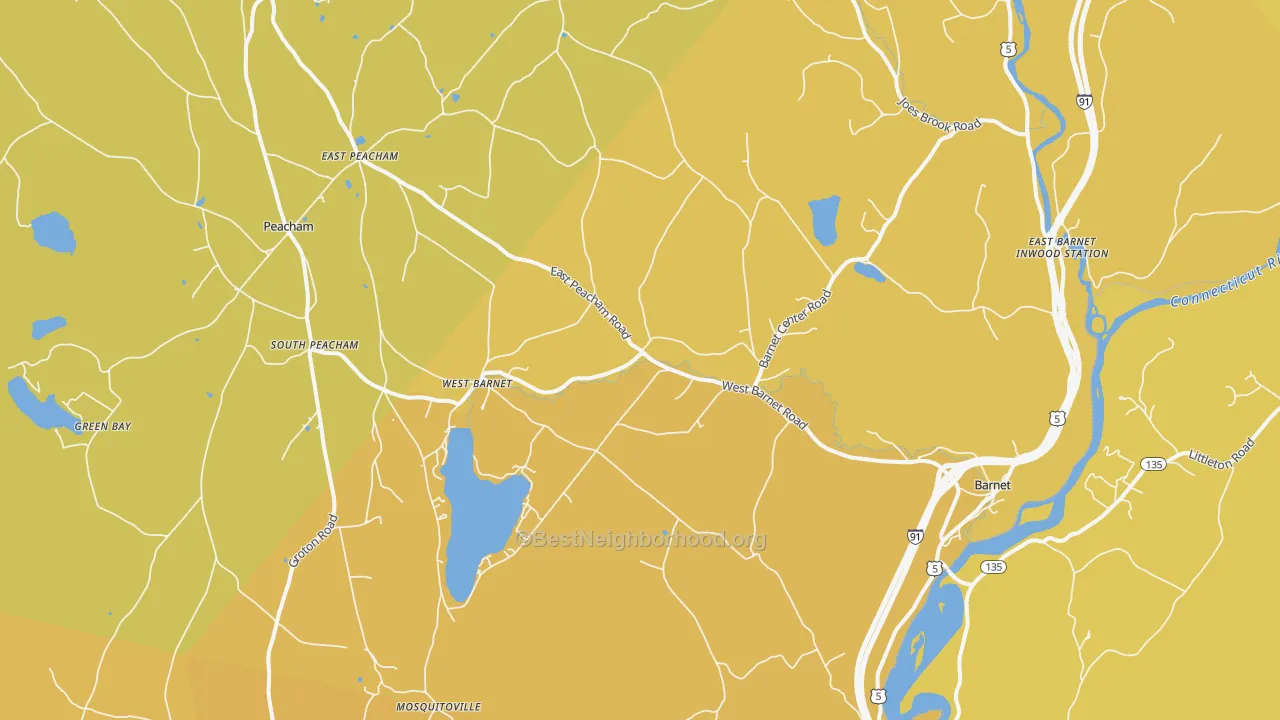 Map of the best neighborhoods in the 05821 area, with better matches in green and worse matches in red