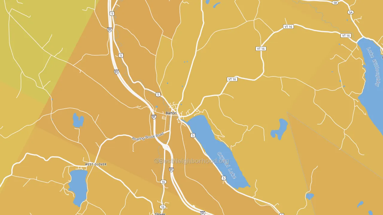 Map of the best neighborhoods in the 05822 area, with better matches in green and worse matches in red