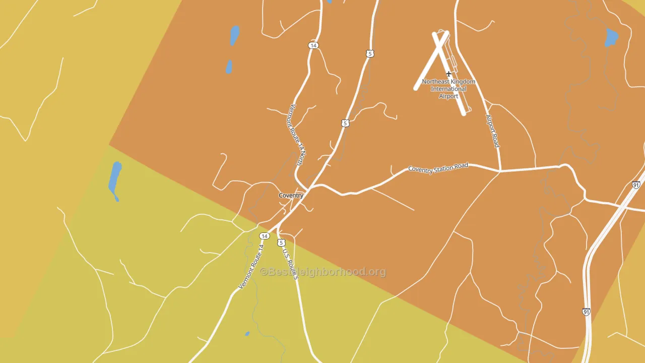 Map of the best neighborhoods in the 05825 area, with better matches in green and worse matches in red