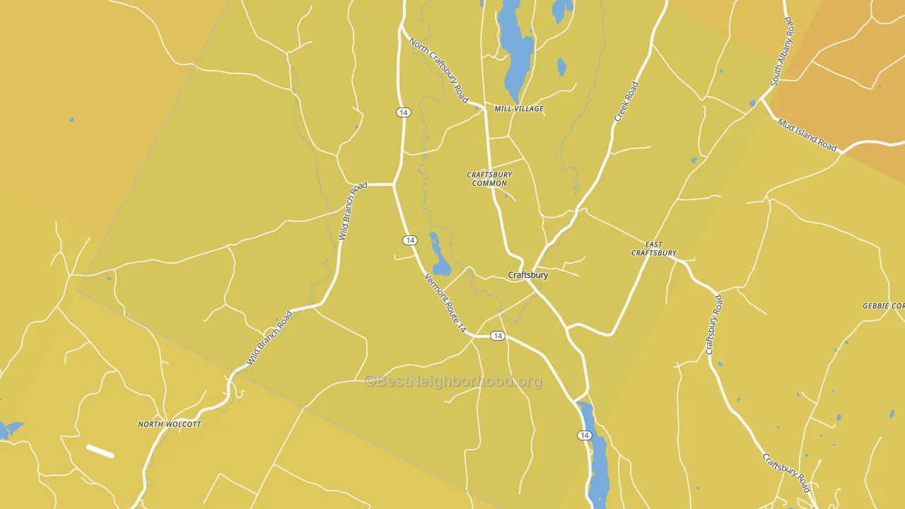 Map of the best neighborhoods in the 05826 area, with better matches in green and worse matches in red