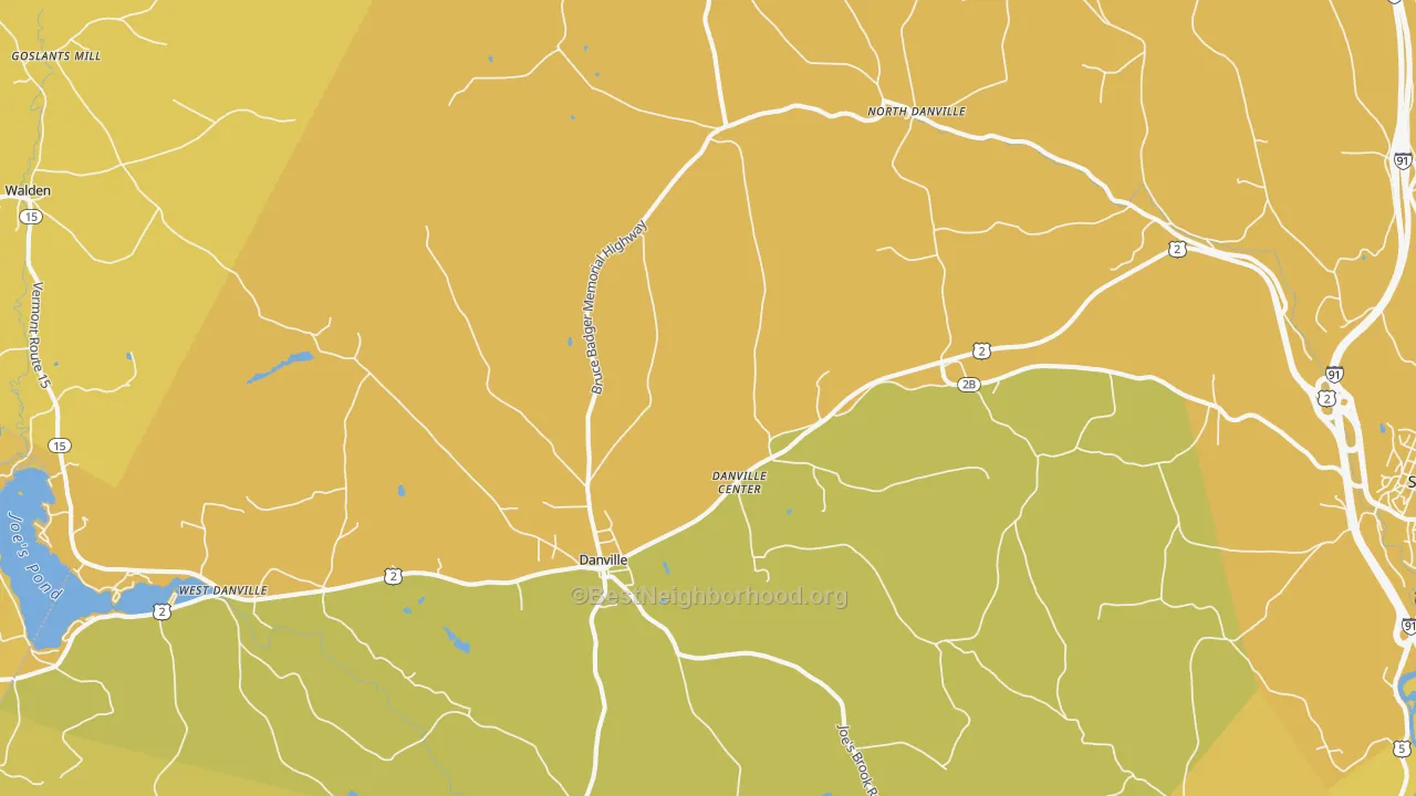 Map of the best neighborhoods in the 05828 area, with better matches in green and worse matches in red