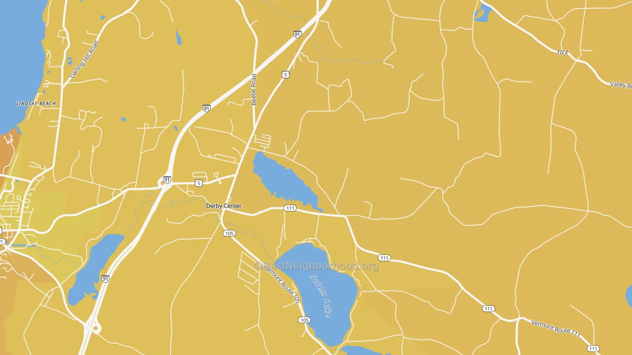 Map of the best neighborhoods in the 05829 area, with better matches in green and worse matches in red