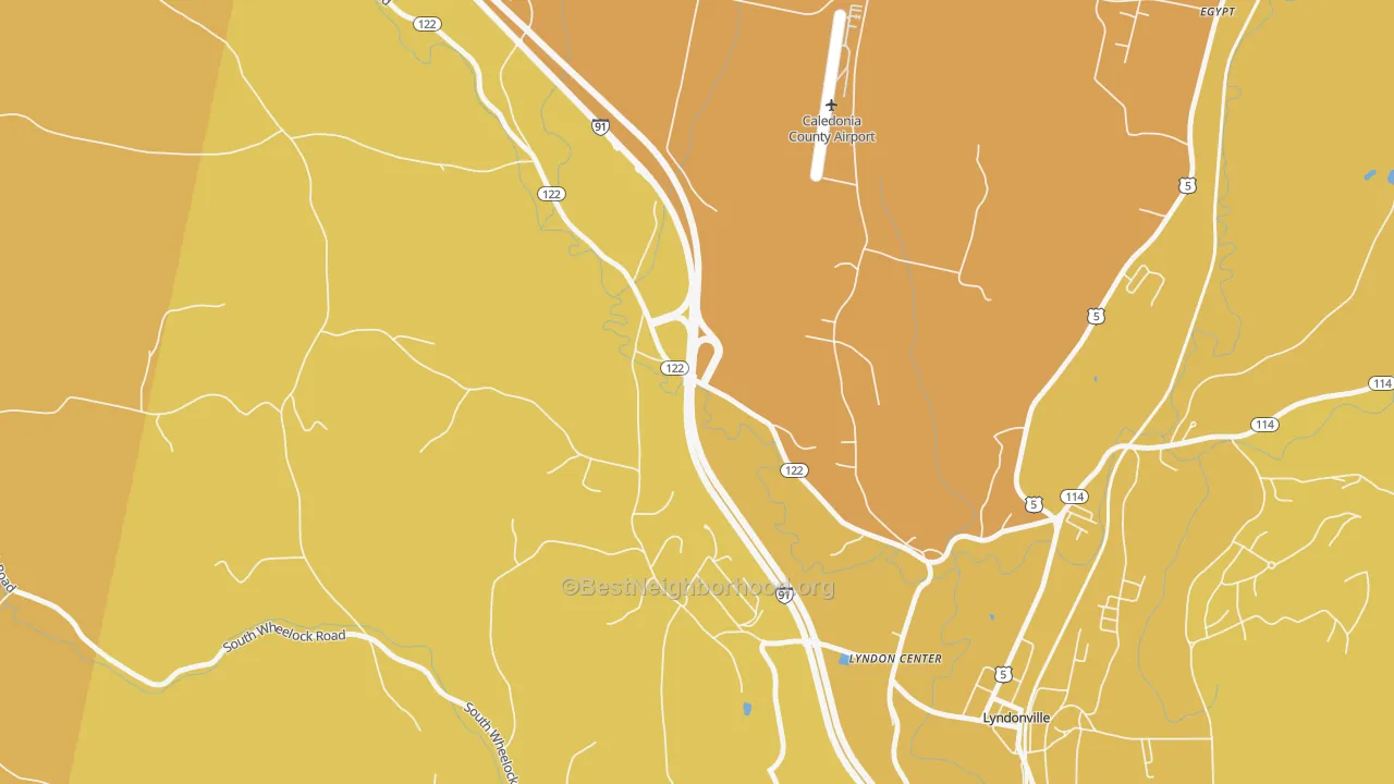 Map of the best neighborhoods in the 05850 area, with better matches in green and worse matches in red
