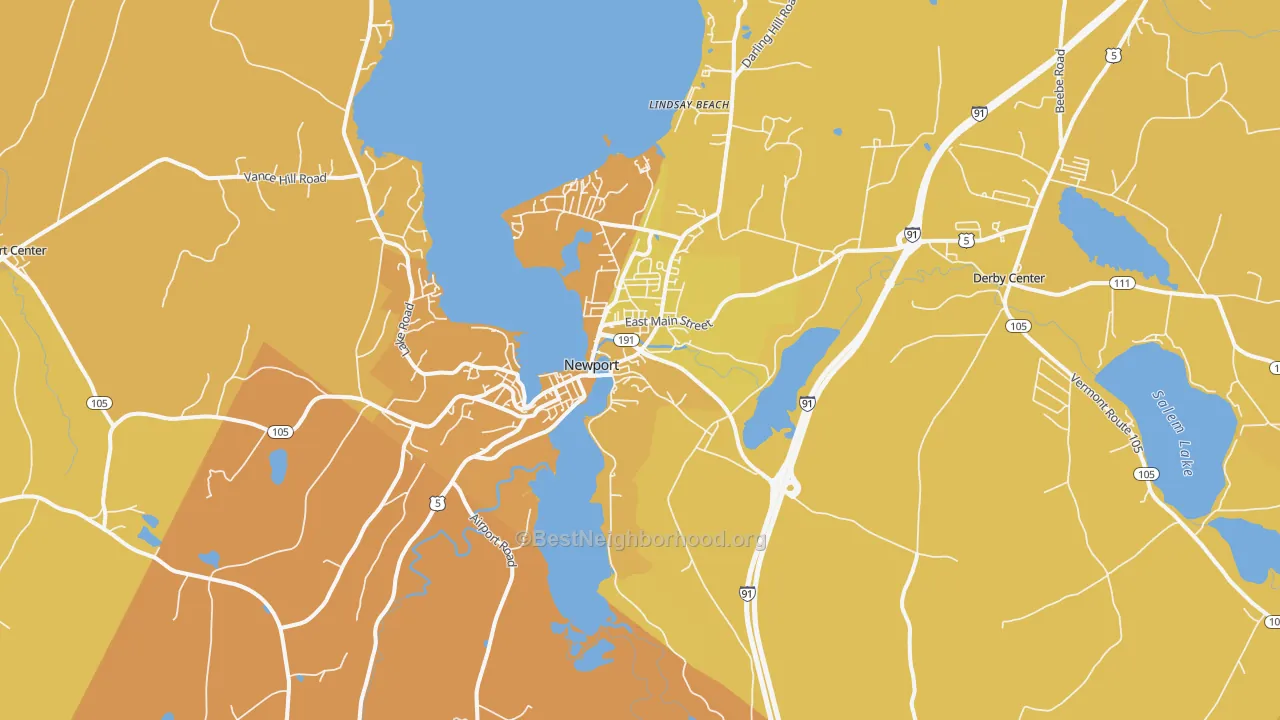Map of the best neighborhoods in the 05855 area, with better matches in green and worse matches in red