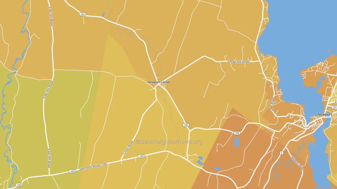 Map of the best neighborhoods in the 05857 area, with better matches in green and worse matches in red