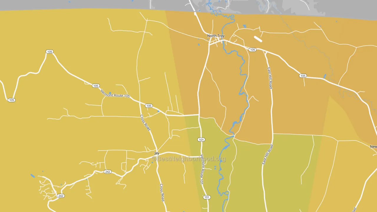 Map of the best neighborhoods in the 05859 area, with better matches in green and worse matches in red