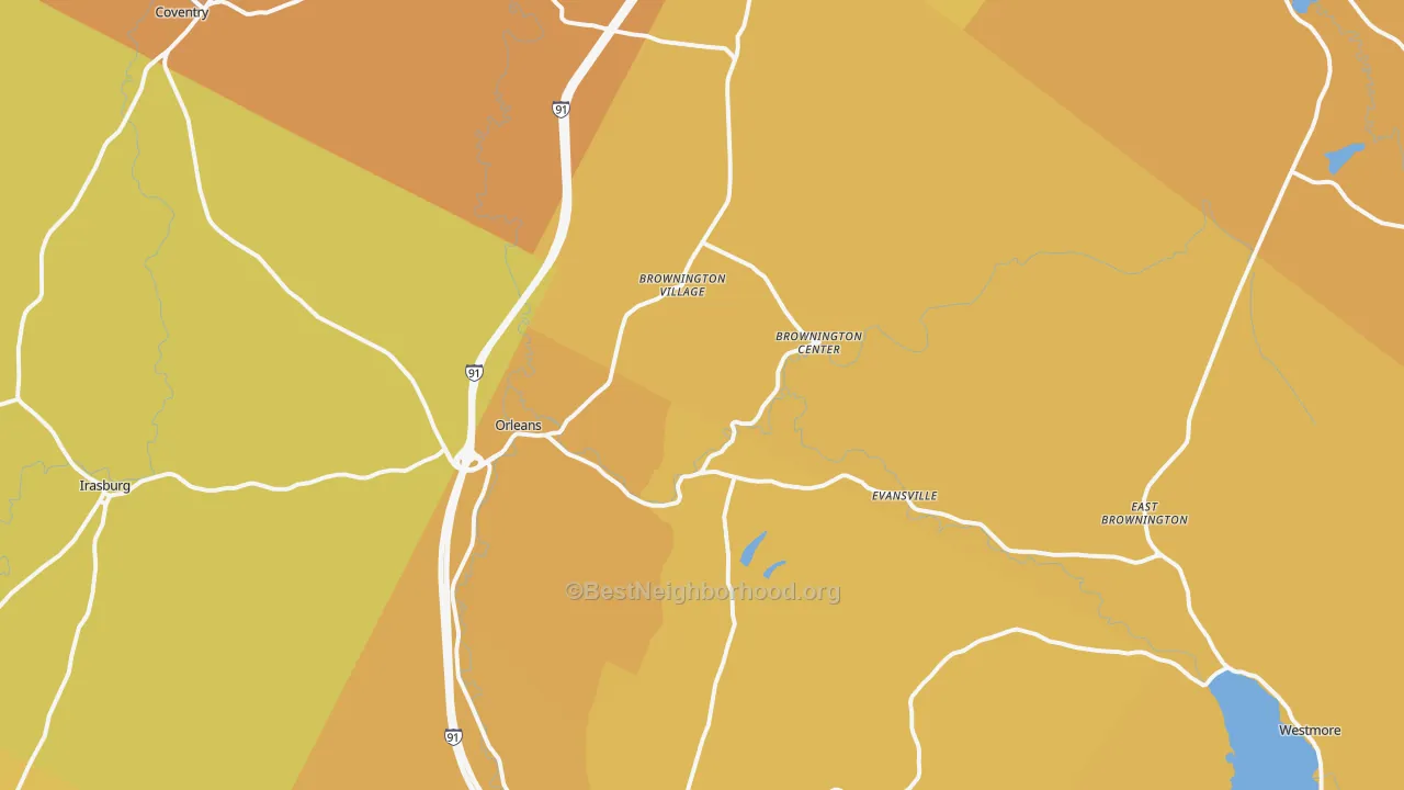 Map of the best neighborhoods in the 05860 area, with better matches in green and worse matches in red