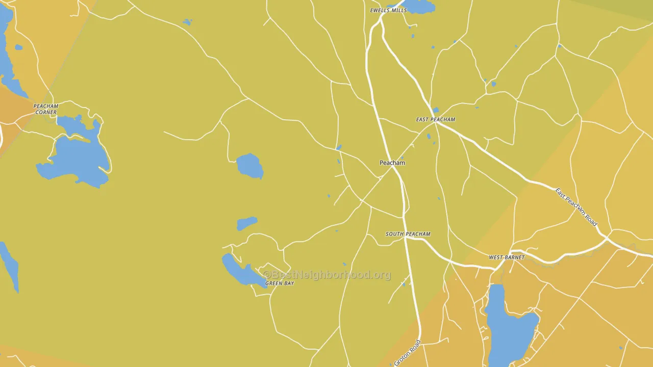 Map of the best neighborhoods in the 05862 area, with better matches in green and worse matches in red