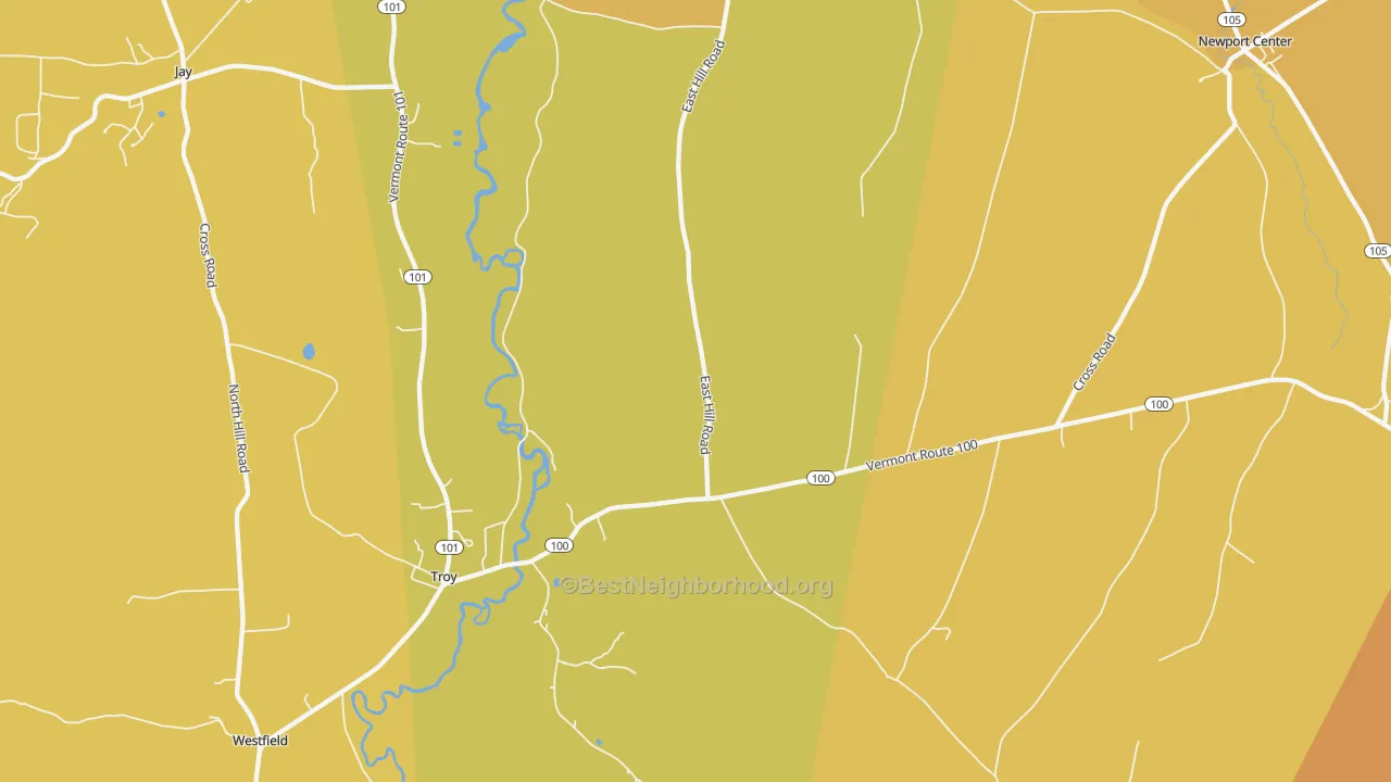 Map of the best neighborhoods in the 05868 area, with better matches in green and worse matches in red