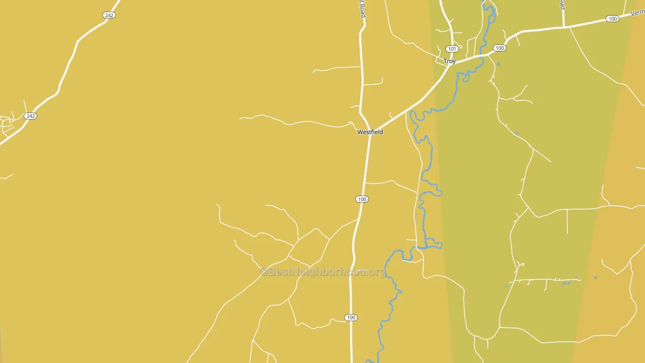 Map of the best neighborhoods in the 05874 area, with better matches in green and worse matches in red