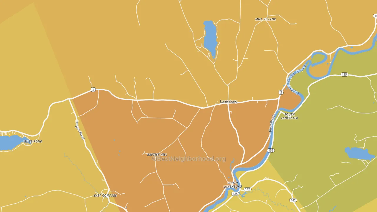 Map of the best neighborhoods in the 05906 area, with better matches in green and worse matches in red