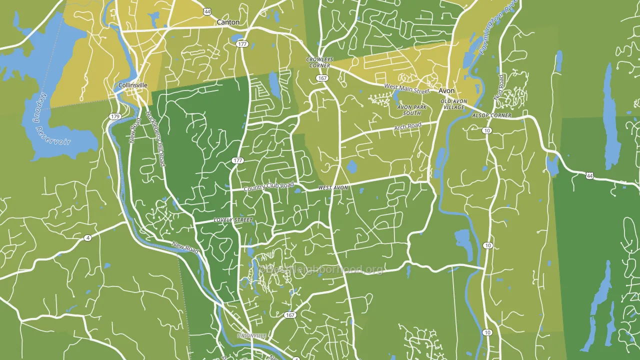 Map of the best neighborhoods in the 06001 area, with better matches in green and worse matches in red