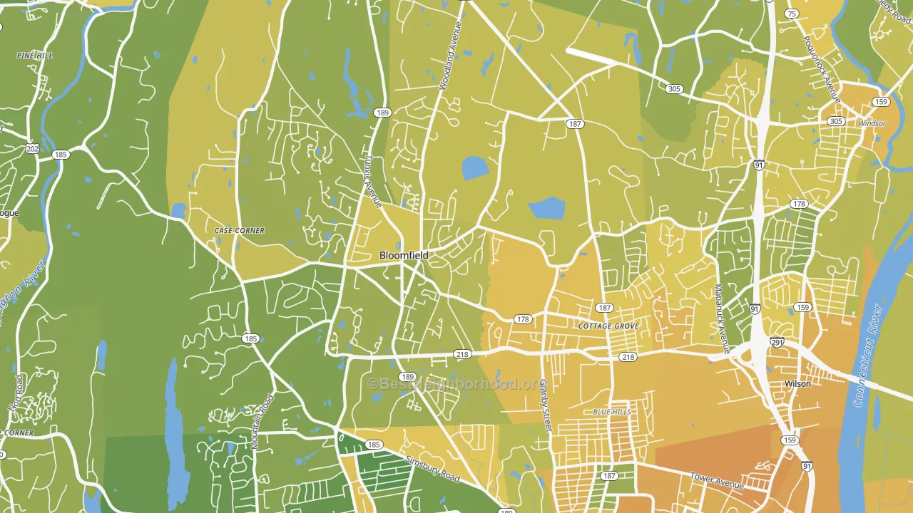 Map of the best neighborhoods in the 06002 area, with better matches in green and worse matches in red