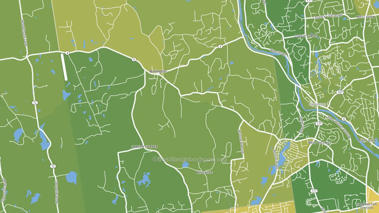 Map of the best neighborhoods in the 06013 area, with better matches in green and worse matches in red