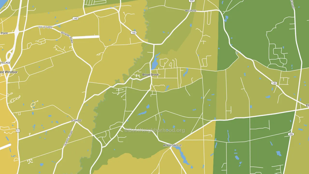 Map of the best neighborhoods in the 06016 area, with better matches in green and worse matches in red