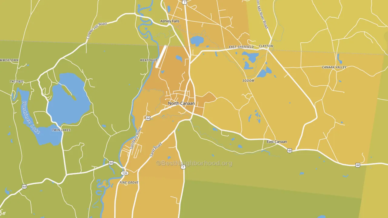 Map of the best neighborhoods in the 06018 area, with better matches in green and worse matches in red