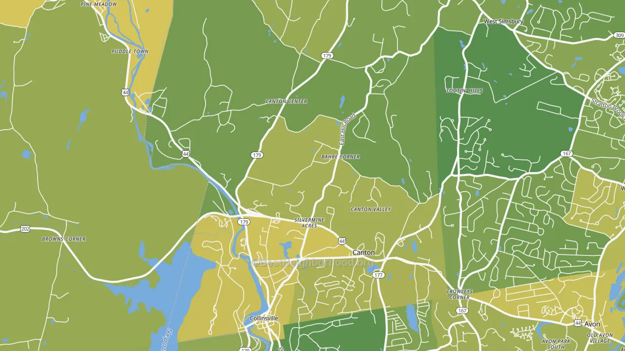 Map of the best neighborhoods in the 06019 area, with better matches in green and worse matches in red