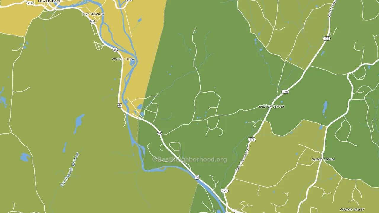 Map of the best neighborhoods in the 06022 area, with better matches in green and worse matches in red