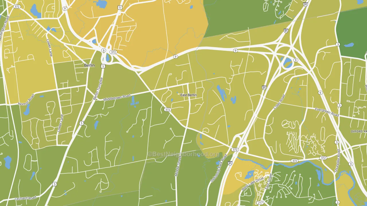 Map of the best neighborhoods in the 06023 area, with better matches in green and worse matches in red