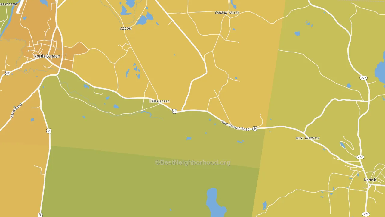 Map of the best neighborhoods in the 06024 area, with better matches in green and worse matches in red
