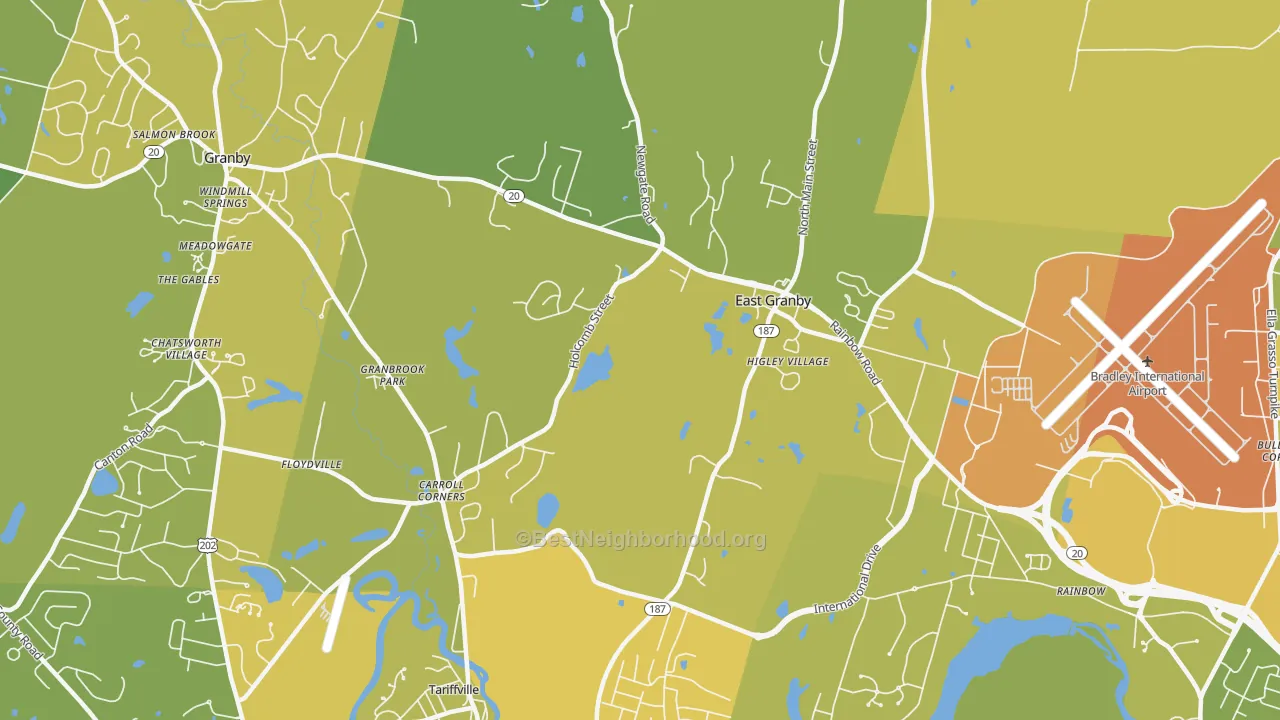 Map of the best neighborhoods in the 06026 area, with better matches in green and worse matches in red