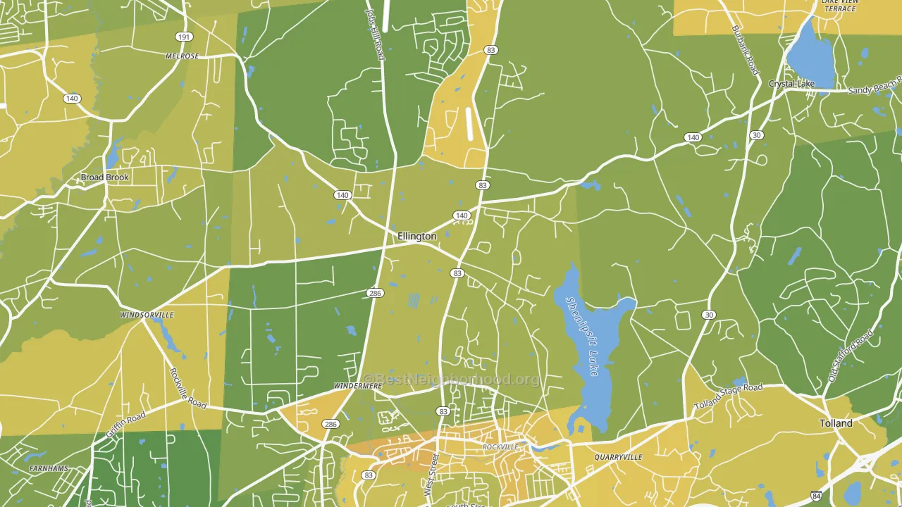 Map of the best neighborhoods in the 06029 area, with better matches in green and worse matches in red