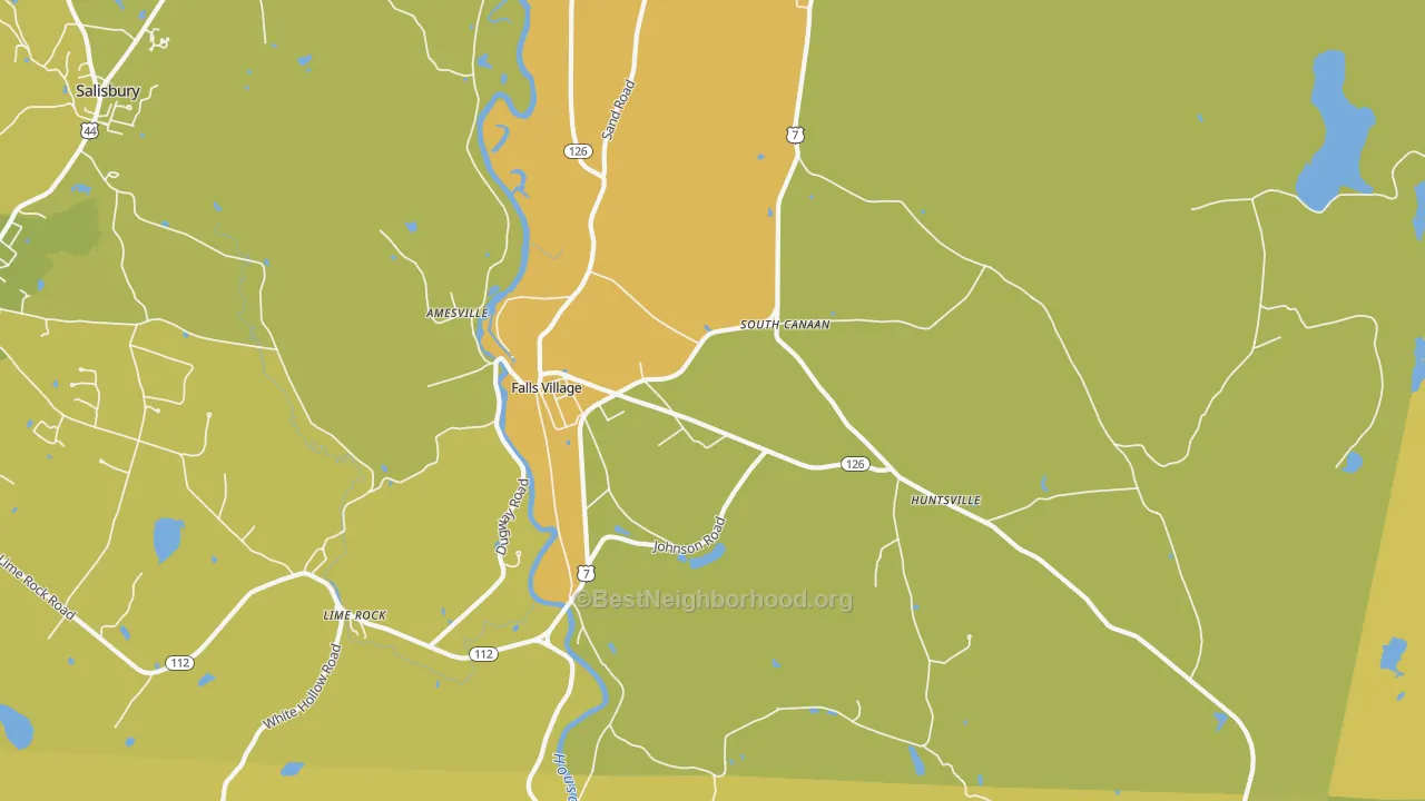 Map of the best neighborhoods in the 06031 area, with better matches in green and worse matches in red