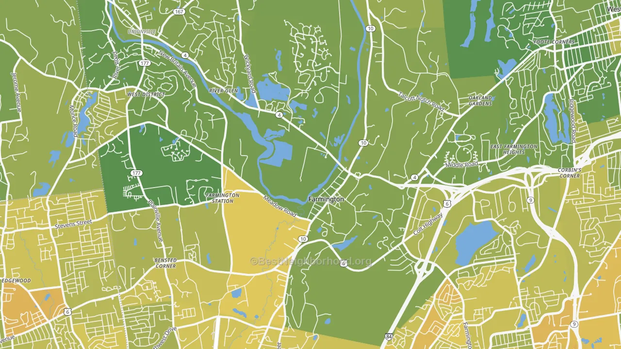 Map of the best neighborhoods in the 06032 area, with better matches in green and worse matches in red