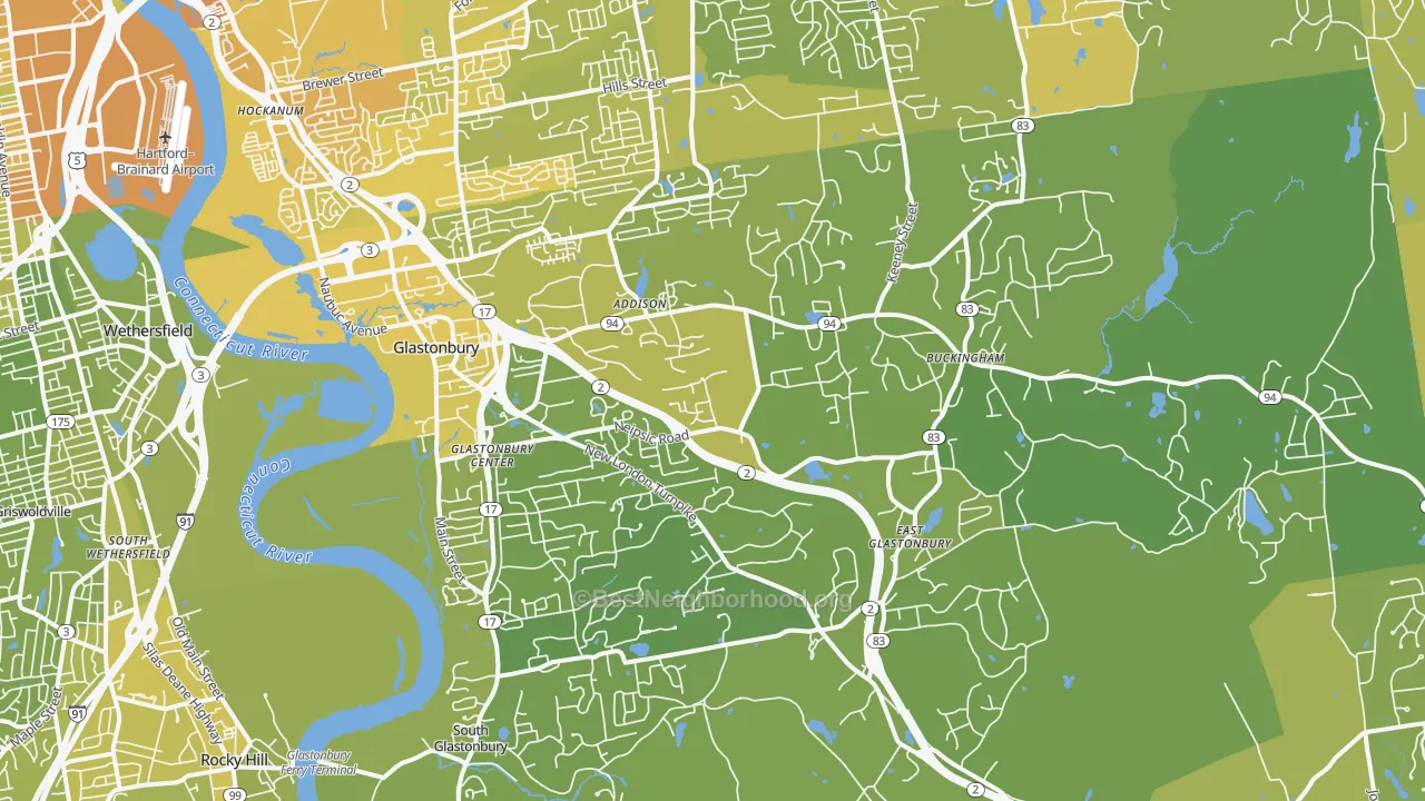 Map of the best neighborhoods in the 06033 area, with better matches in green and worse matches in red