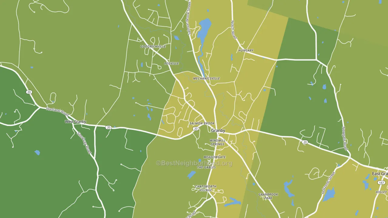 Map of the best neighborhoods in the 06035 area, with better matches in green and worse matches in red