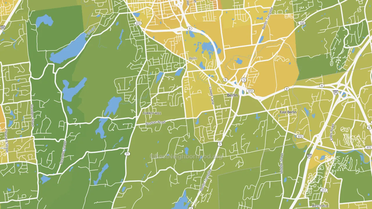 Map of the best neighborhoods in the 06037 area, with better matches in green and worse matches in red