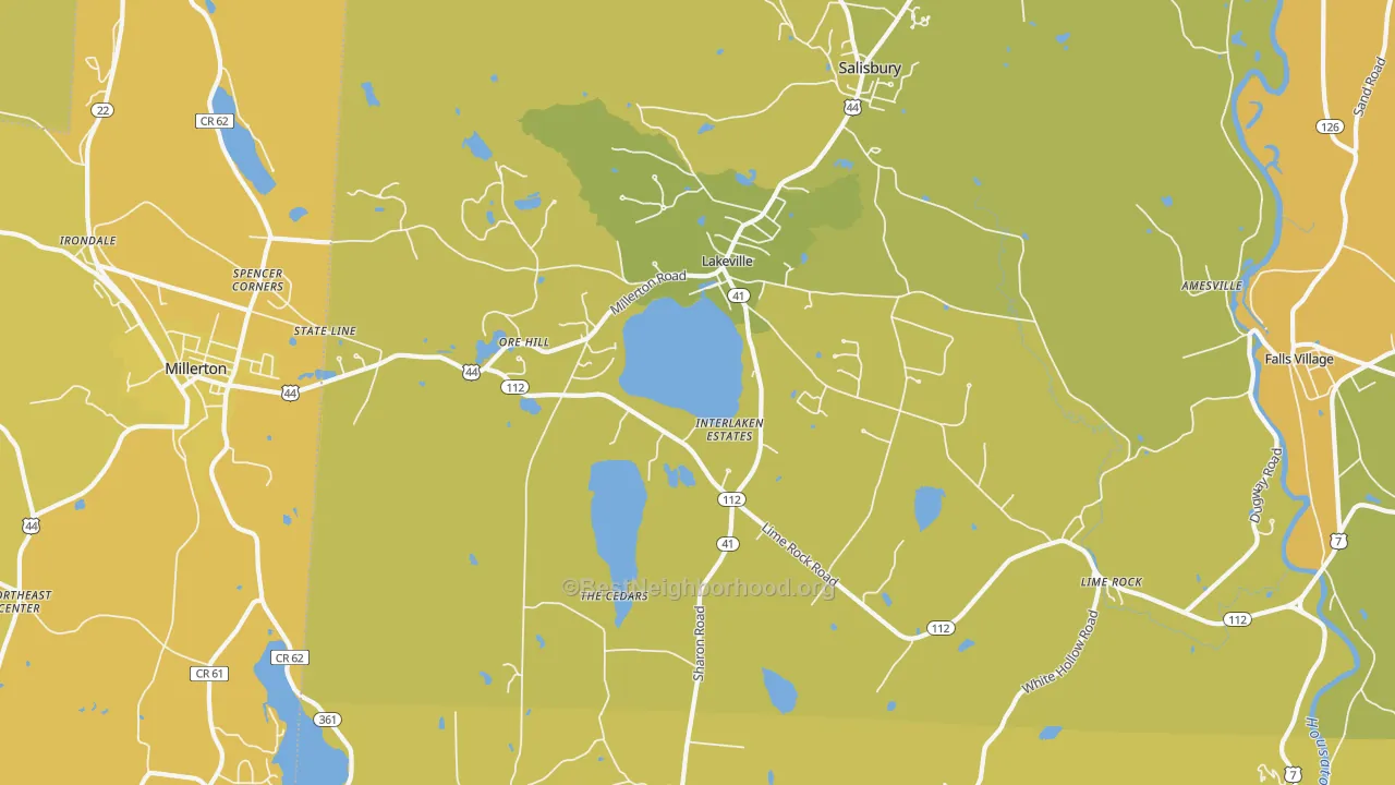 Map of the best neighborhoods in the 06039 area, with better matches in green and worse matches in red