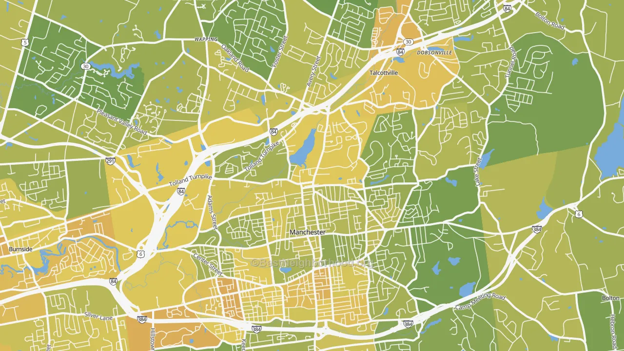 Map of the best neighborhoods in the 06042 area, with better matches in green and worse matches in red