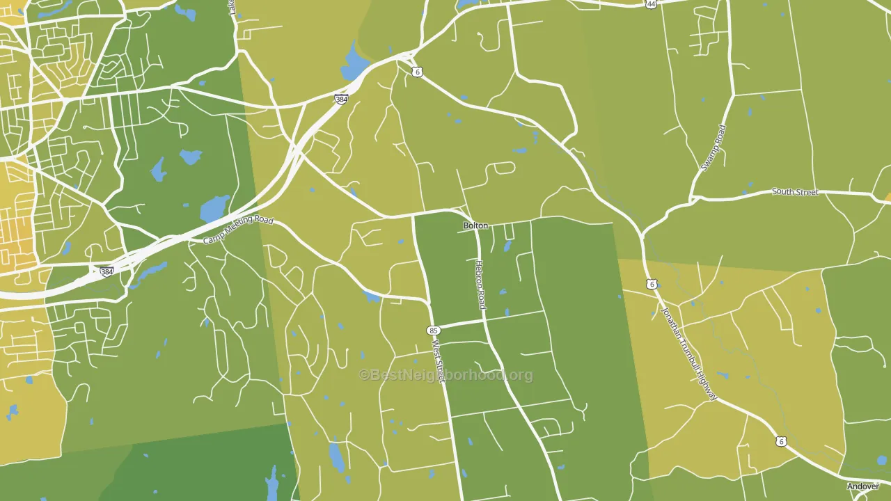Map of the best neighborhoods in the 06043 area, with better matches in green and worse matches in red