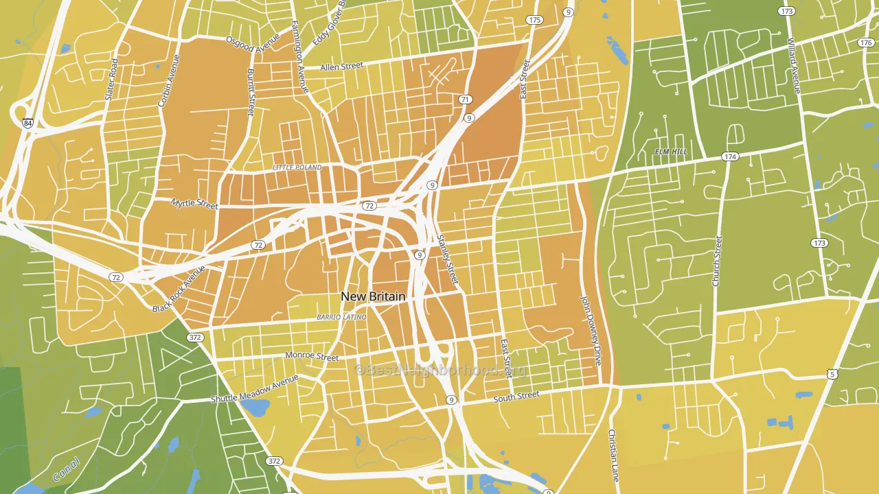 Map of the best neighborhoods in the 06051 area, with better matches in green and worse matches in red