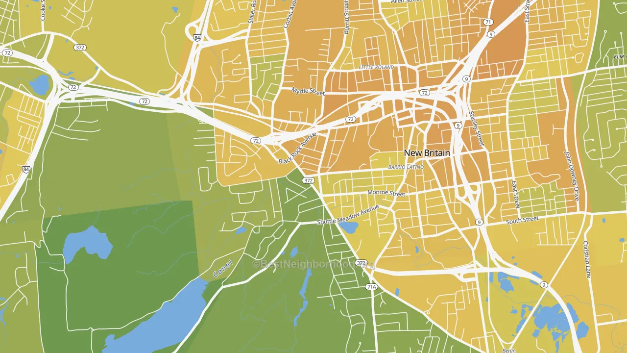 Map of the best neighborhoods in the 06052 area, with better matches in green and worse matches in red