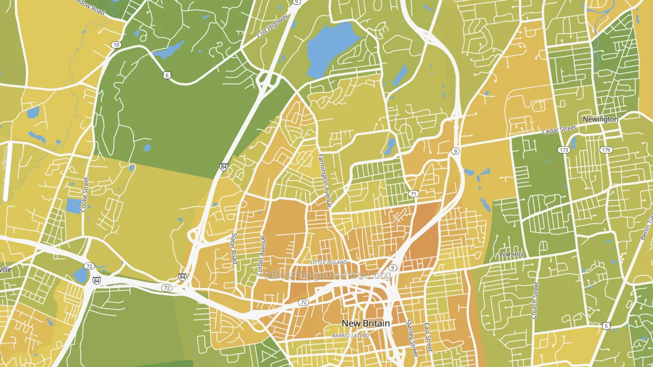 Map of the best neighborhoods in the 06053 area, with better matches in green and worse matches in red